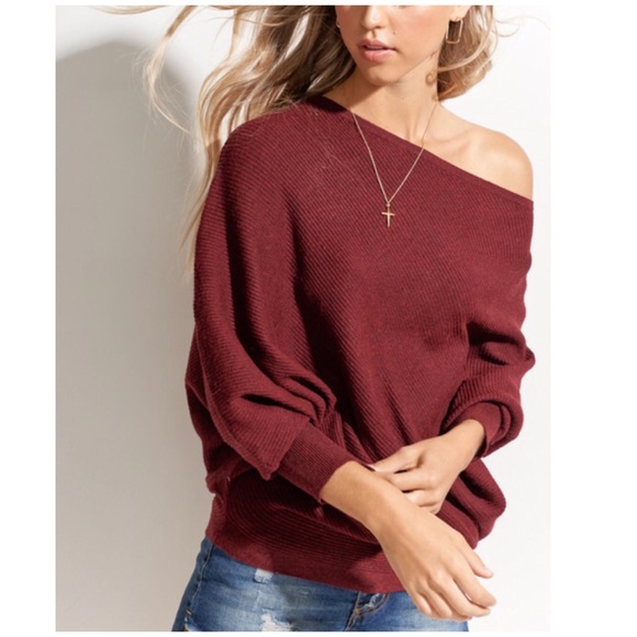 Wine Slouchy Off The Shoulder Knit Oversized Top - Picture 2 of 3